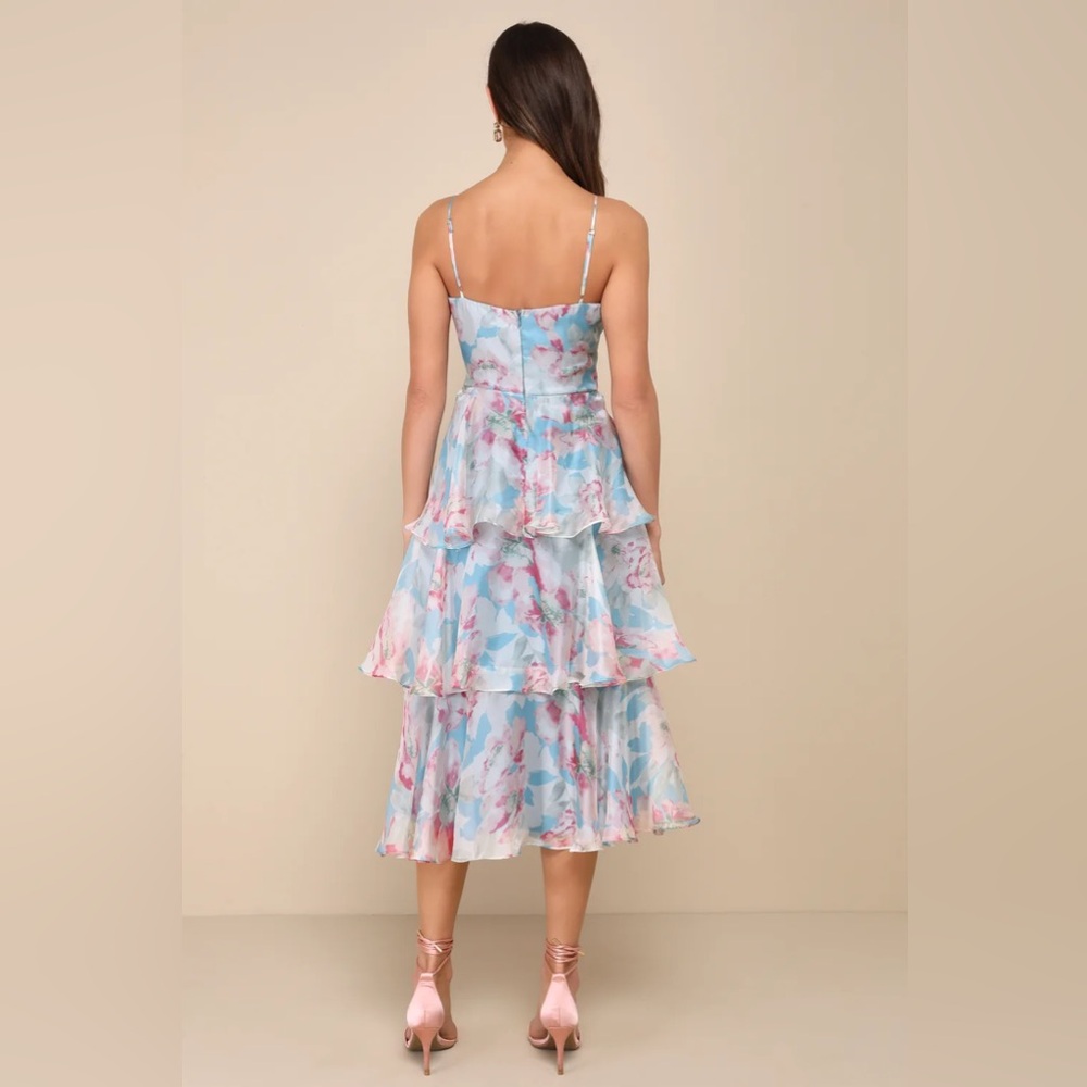 Lulus Floral Darling Blue Organza Tiered Midi Dress XL NWOT Tags - Picture 4 of 9